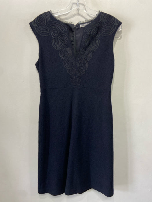 St John Couture Size 4 Navy Blue & Black Wool Blend Embroidered Detail Dress