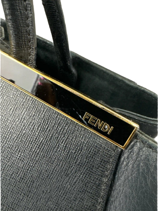 Fendi Black Saffiano Leather Pebbled 2 handles Gold Hardware Button Closure Bag