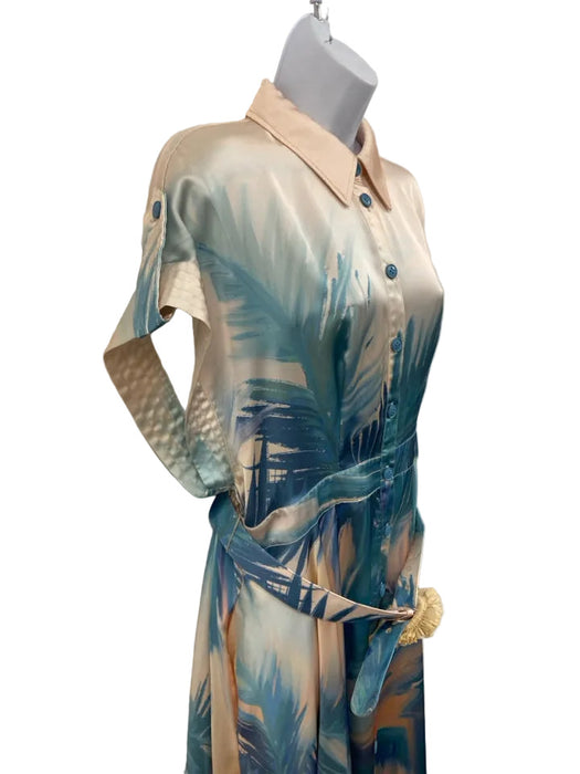 Leo Lin Size 10 Blue & Peach Viscose Short Sleeve Abstract Print Buttons Dress