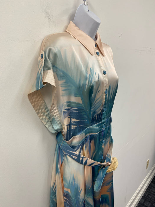 Leo Lin Size 10 Blue & Peach Viscose Short Sleeve Abstract Print Buttons Dress