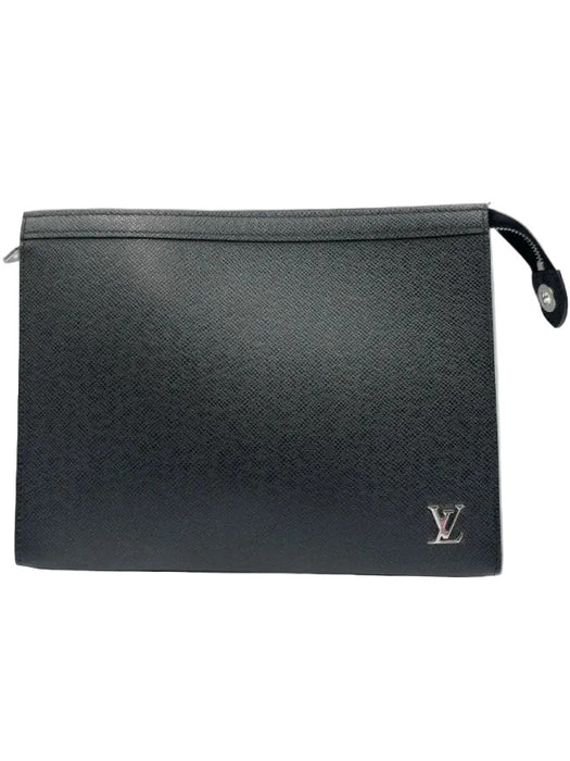 Louis Vuitton Black Taiga Leather Zip Top Silver Logo Clutch Card Slots Bag