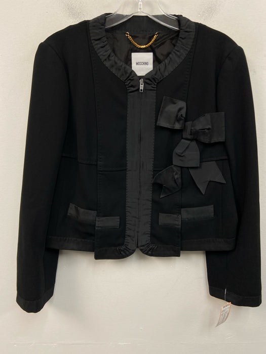 Moschino Size 12 Black Triacetate Zippers Bow Applique Long Sleeve Jacket