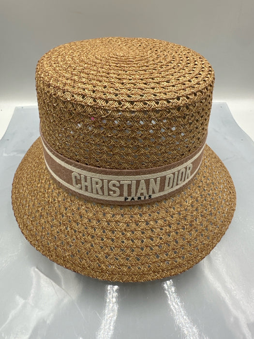 Christian Dior Beige & Pink Straw Woven Embroidered Band Bucket Sun Hat