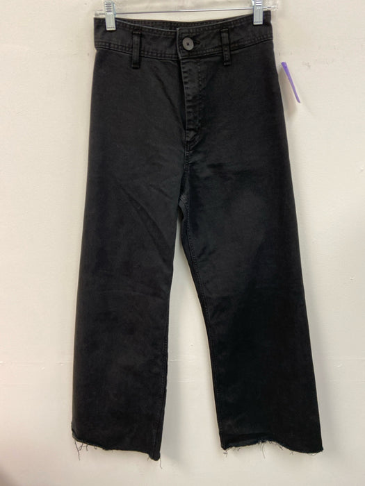 Zara Size 4 Black Denim Button & Zip High Rise Wide Leg Raw Hem Jeans