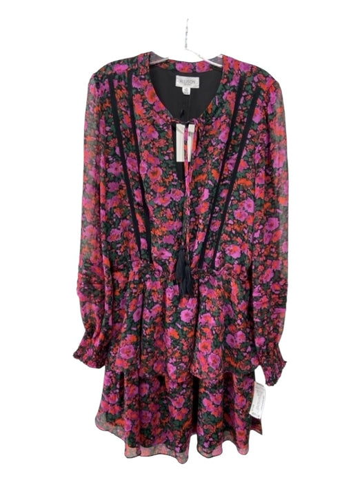 Allison Size L Black Red & Purple Polyester Floral Long Sleeve V Neck Dress Black Red & Purple / L