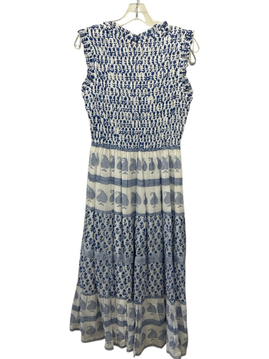 Oliphant Size M White & Blue Cotton All Over Print smocked Sleeveless Dress White & Blue / M