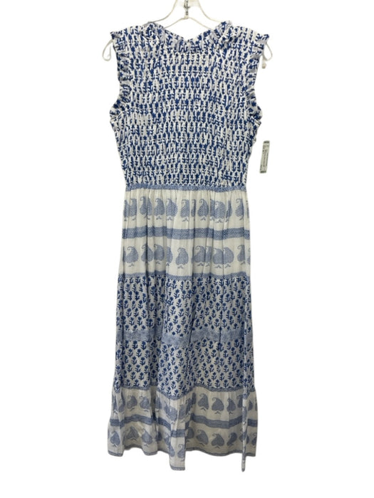 Oliphant Size M White & Blue Cotton All Over Print smocked Sleeveless Dress White & Blue / M