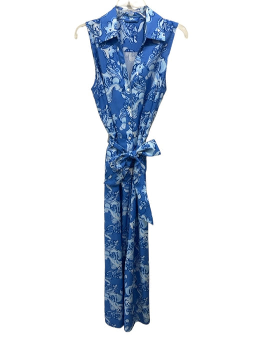 J Mclaughlin Size L Blue & White Polyester Abstract Floral Half Button Dress Blue & White / L