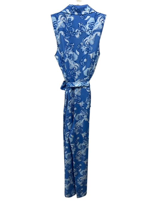 J Mclaughlin Size L Blue & White Polyester Abstract Floral Half Button Dress Blue & White / L