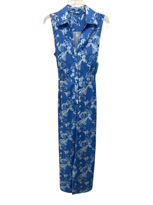 J Mclaughlin Size L Blue & White Polyester Abstract Floral Half Button Dress Blue & White / L