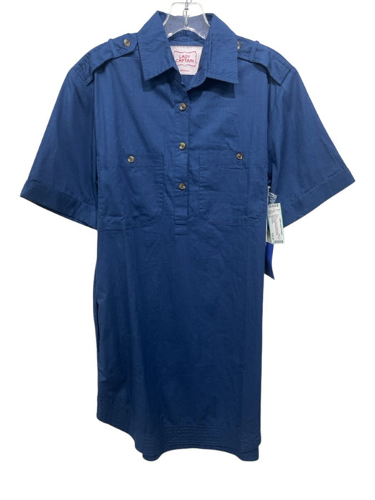 Lady Captain Size S Blue Cotton Quarter Button Short Sleeve Breast Pockets Dress Blue / S