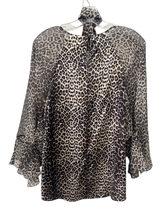 Elie Tahari Size L Beige & Brown Silk Leopard Print Sheer Long Sleeve Top Beige & Brown / L