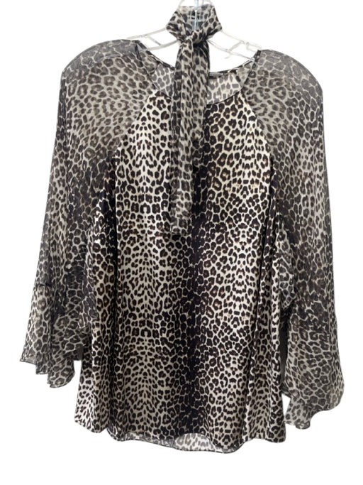 Elie Tahari Size L Beige & Brown Silk Leopard Print Sheer Long Sleeve Top Beige & Brown / L
