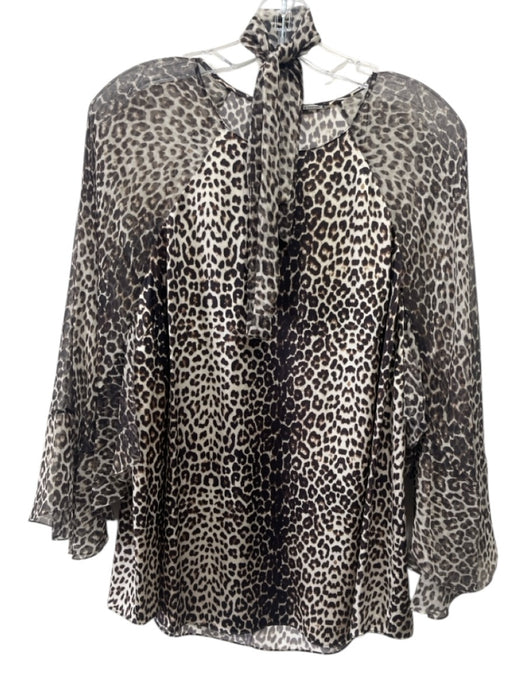Elie Tahari Size L Beige & Brown Silk Leopard Print Sheer Long Sleeve Top Beige & Brown / L