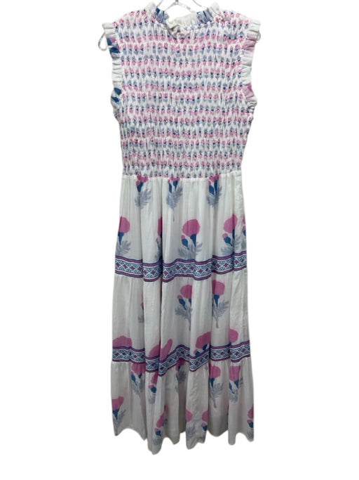 Oliphant Size M White, Pink, Blue Cotton floral print smocked Sleeveless Dress White, Pink, Blue / M