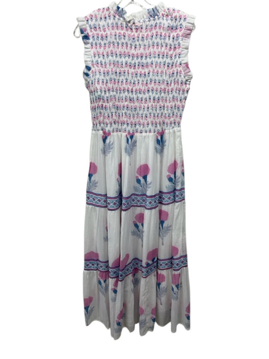 Oliphant Size M White, Pink, Blue Cotton floral print smocked Sleeveless Dress White, Pink, Blue / M