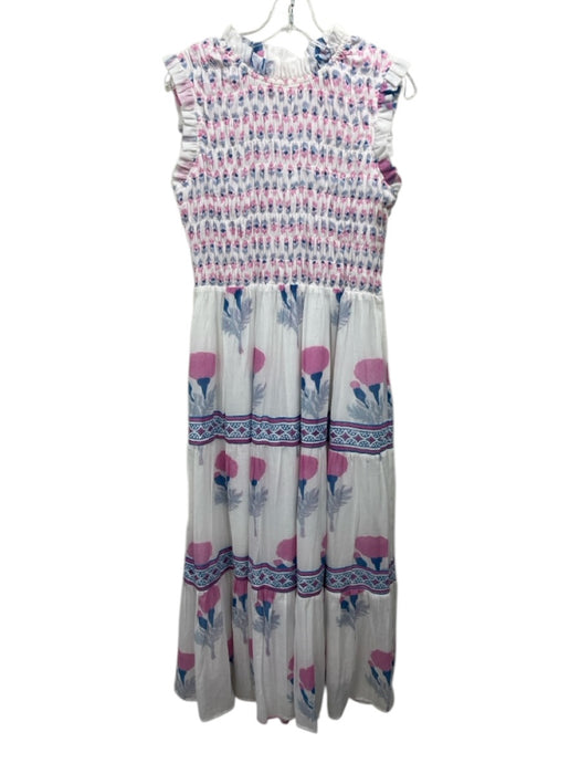 Oliphant Size M White, Pink, Blue Cotton floral print smocked Sleeveless Dress White, Pink, Blue / M