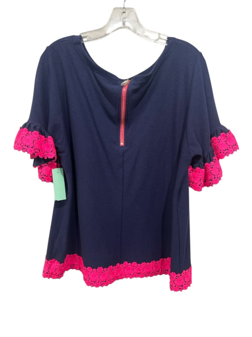 Sail To Sable Size XL Navy Blue & Pink Cotton Floral Embroidered Top Navy Blue & Pink / XL