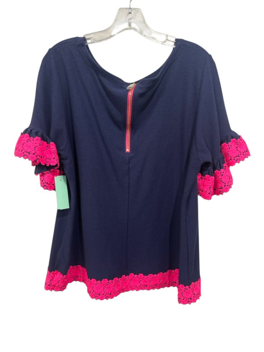Sail To Sable Size XL Navy Blue & Pink Cotton Floral Embroidered Top Navy Blue & Pink / XL