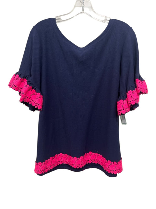 Sail To Sable Size XL Navy Blue & Pink Cotton Floral Embroidered Top Navy Blue & Pink / XL