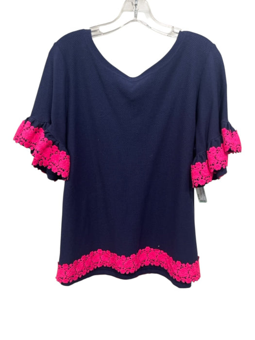 Sail To Sable Size XL Navy Blue & Pink Cotton Floral Embroidered Top Navy Blue & Pink / XL