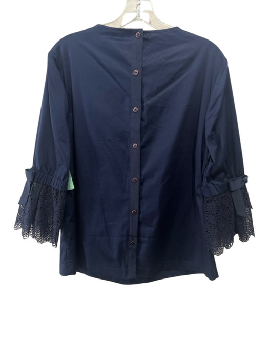 Ted Baker Size 4 Navy Blue Cotton Back Button Long Sleeve Floral Eyelet Top Navy Blue / 4