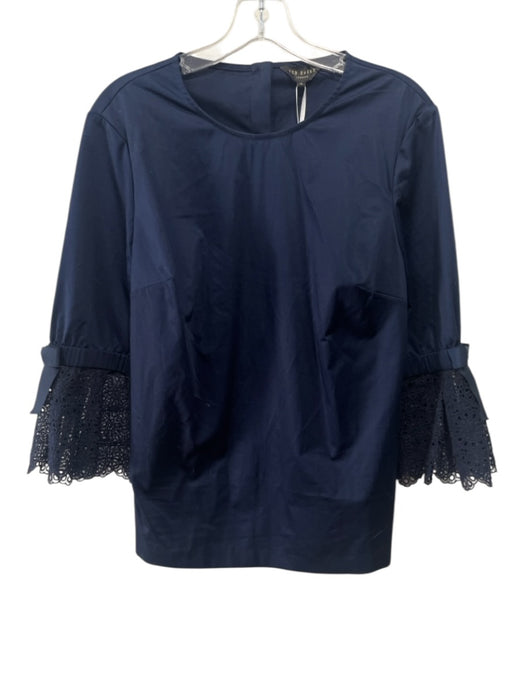 Ted Baker Size 4 Navy Blue Cotton Back Button Long Sleeve Floral Eyelet Top Navy Blue / 4