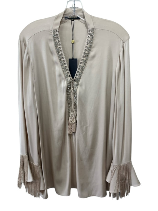 Kobi Halperin Size XXL Beige Crystal & Beads Long Bell Sleeve Fringe Detail Top Beige / XXL