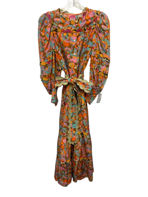 Celia B Size S Brown, Gold, Orange Viscose & Rayon Long Sleeve Long Sleeve Dress Brown, Gold, Orange / S