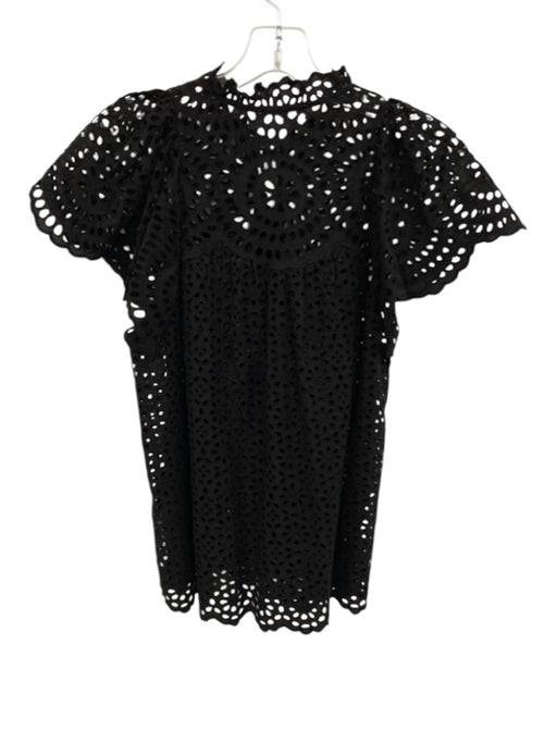 Ulla Johnson Size 2 Black Cotton Short Sleeve Cut Outs Split Neck Tassels Top Black / 2