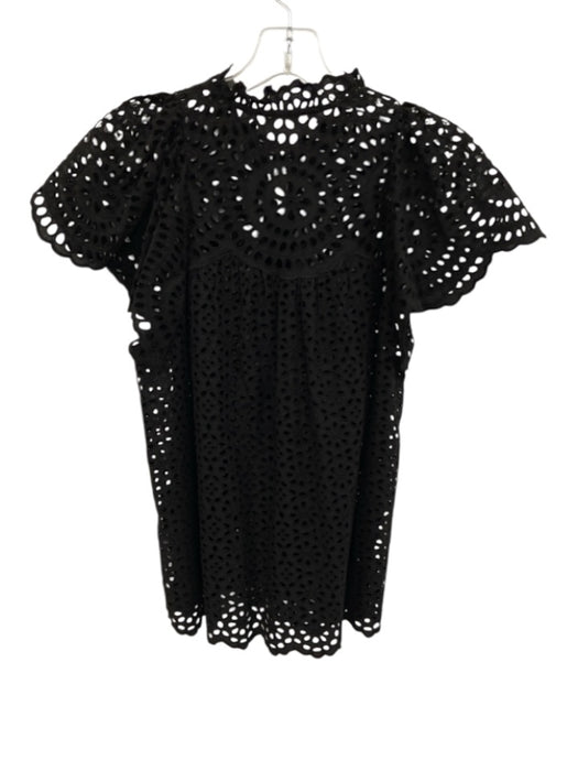 Ulla Johnson Size 2 Black Cotton Short Sleeve Cut Outs Split Neck Tassels Top Black / 2