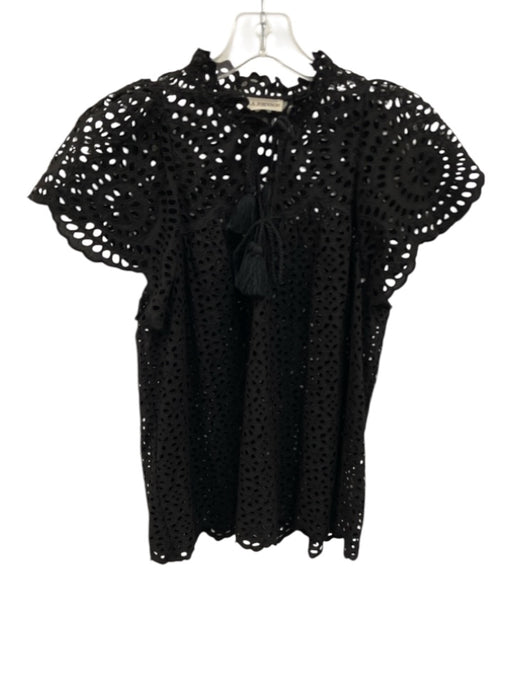 Ulla Johnson Size 2 Black Cotton Short Sleeve Cut Outs Split Neck Tassels Top Black / 2
