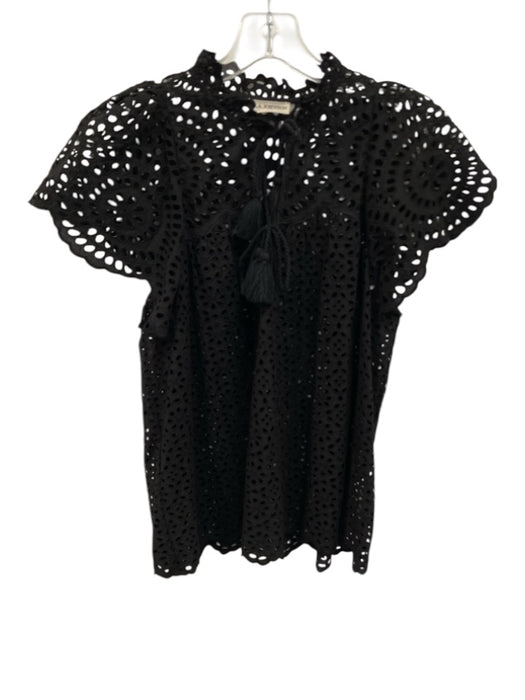 Ulla Johnson Size 2 Black Cotton Short Sleeve Cut Outs Split Neck Tassels Top Black / 2