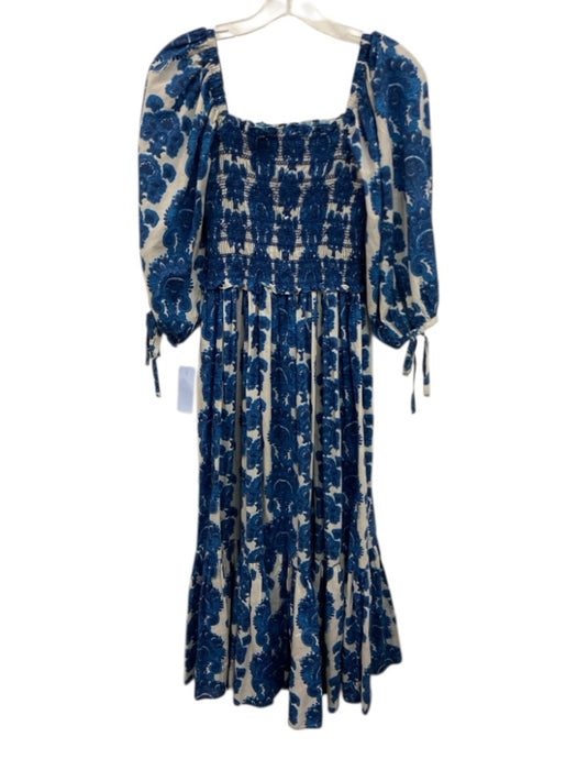 Cara Cara Size XS Blue & White Cotton Smocked Bodice Long Sleeve Dress Blue & White / XS