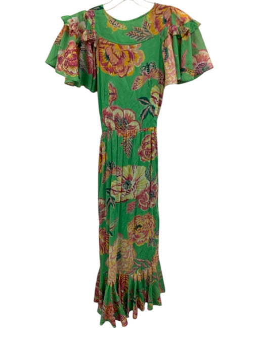 Banjanan Size S Green, Pink, Multi Cotton Ruffle Short Sleeve Floral Midi Dress Green, Pink, Multi / S