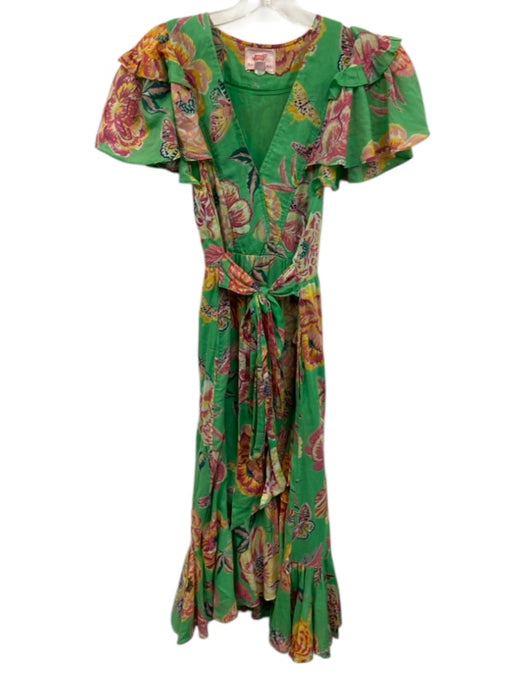 Banjanan Size S Green, Pink, Multi Cotton Ruffle Short Sleeve Floral Midi Dress Green, Pink, Multi / S