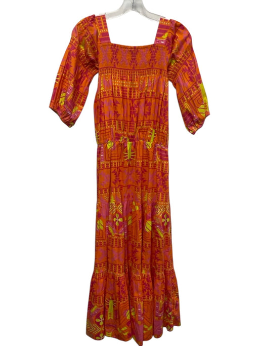 Sheridan French Size S Orange, Purple, Yellow Cotton 1/2 Sleeve Maxi Dress Orange, Purple, Yellow / S