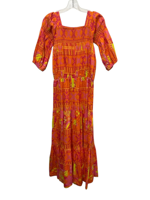 Sheridan French Size S Orange, Purple, Yellow Cotton 1/2 Sleeve Maxi Dress Orange, Purple, Yellow / S