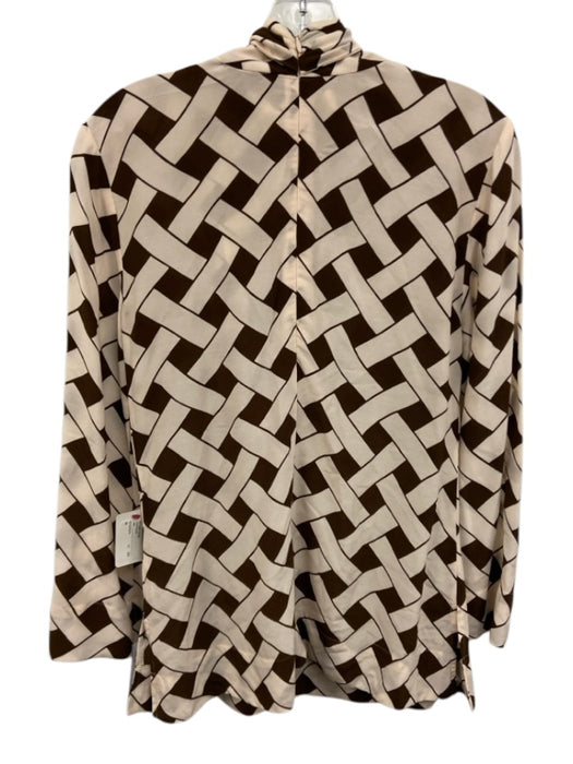 Rixo Size XS White & Brown Viscose Long Sleeve Tie Neck Waffle Woven Print Top White & Brown / XS