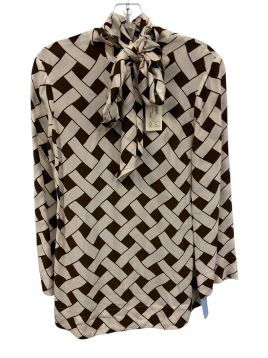 Rixo Size XS White & Brown Viscose Long Sleeve Tie Neck Waffle Woven Print Top White & Brown / XS