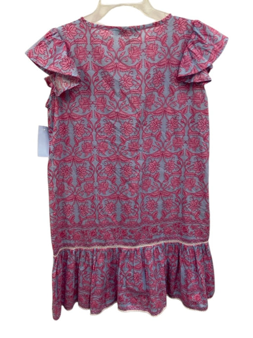 Bindu Size S Blue & Pink Cotton Floral Ruffle Cap Sleeve Split Neck Pleats Dress Blue & Pink / S
