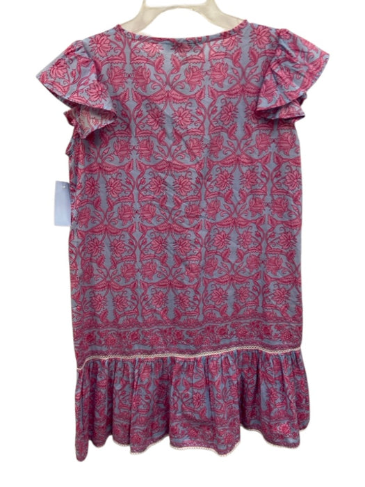 Bindu Size S Blue & Pink Cotton Floral Ruffle Cap Sleeve Split Neck Pleats Dress Blue & Pink / S