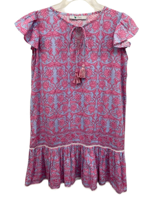 Bindu Size S Blue & Pink Cotton Floral Ruffle Cap Sleeve Split Neck Pleats Dress Blue & Pink / S