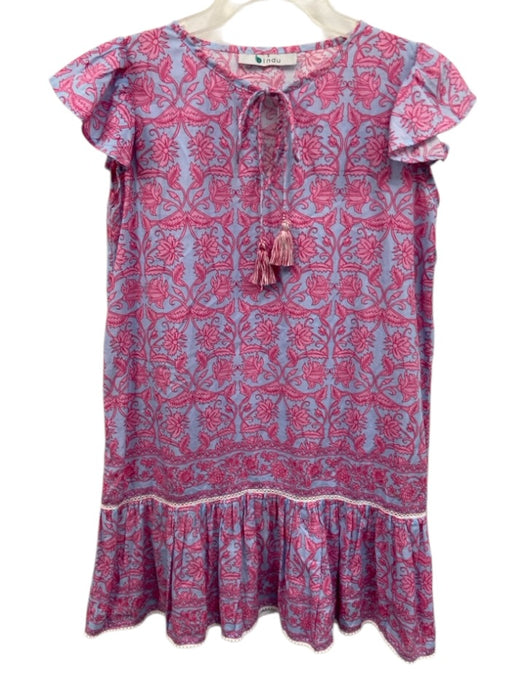 Bindu Size S Blue & Pink Cotton Floral Ruffle Cap Sleeve Split Neck Pleats Dress Blue & Pink / S
