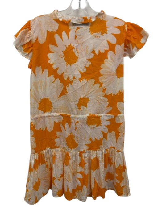 Bindu Size S Orange & White Cotton Floral Ruffle Cap Sleeve Split Neck Dress Orange & White / S