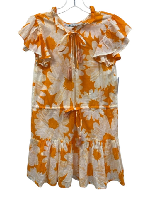 Bindu Size S Orange & White Cotton Floral Ruffle Cap Sleeve Split Neck Dress Orange & White / S