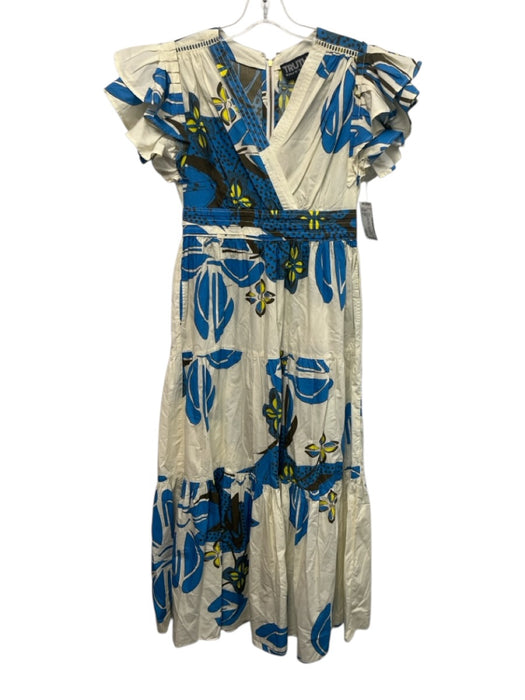 Truth Size S Cream, Blue, Brown Cotton Surplice Abstract Floral Maxi Dress Cream, Blue, Brown / S