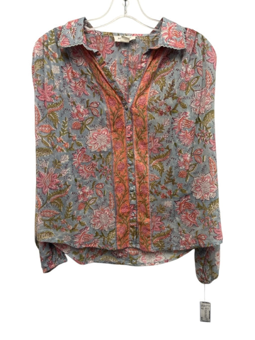 Allison Size XS Blue, Pink, Green Cotton Floral Button Down Long Sleeve Top Blue, Pink, Green / XS