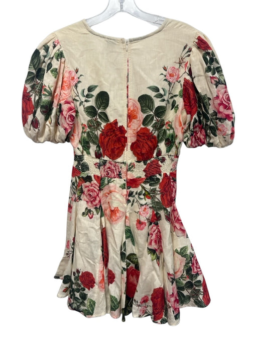 Hemant & Nandita Size S Cream, Pink, Green Cotton Blend Roses V Neck Mini Dress Cream, Pink, Green / S