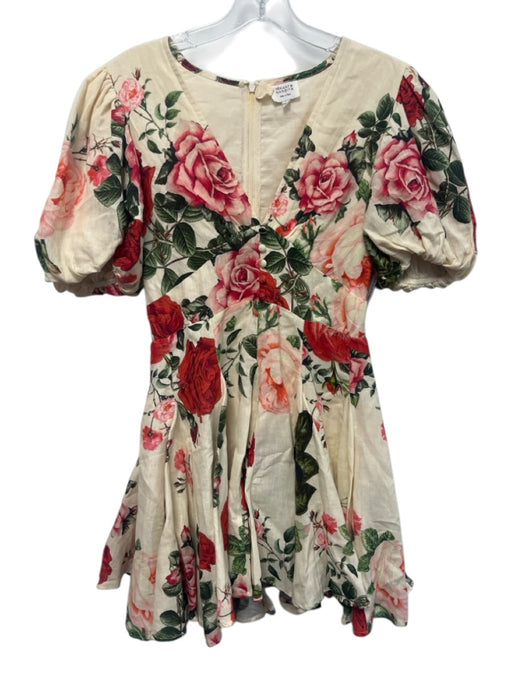 Hemant & Nandita Size S Cream, Pink, Green Cotton Blend Roses V Neck Mini Dress Cream, Pink, Green / S